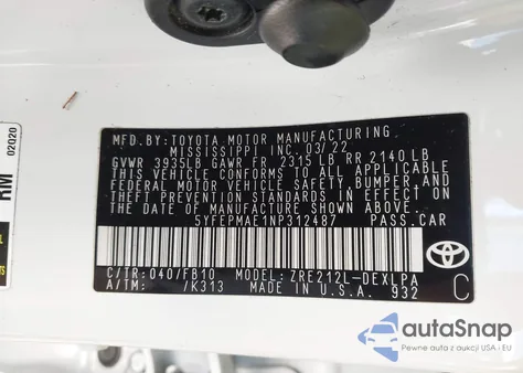 2022 Toyota Corolla Le z USA, uszkodzony, nr VIN 5YFEPMAE1NP312487